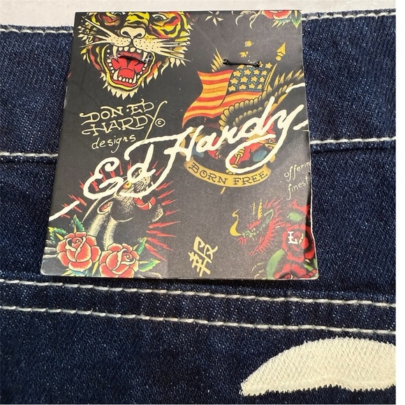 NWT Ed Hardy Y2K Denim Jean Mini Skirt Rose Tattoo Panther Size L - Picture 6 of 7